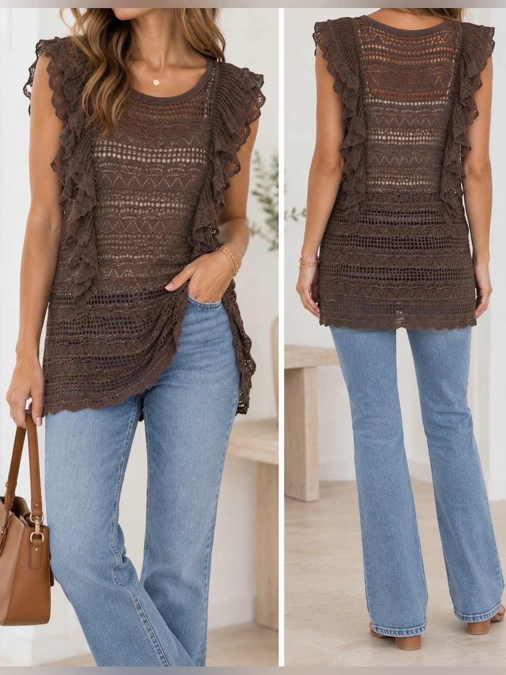 Knitted & Knotted Brown and Metallic Crochet Ruffle Sleeveless Sweater - Size L